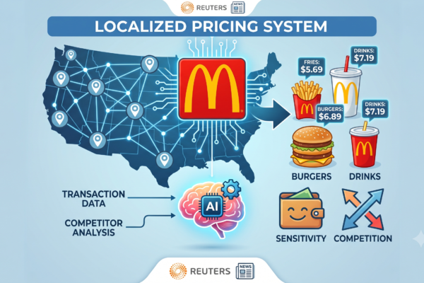 McDonald's restaurant menu board displaying prices with digital technology overlay