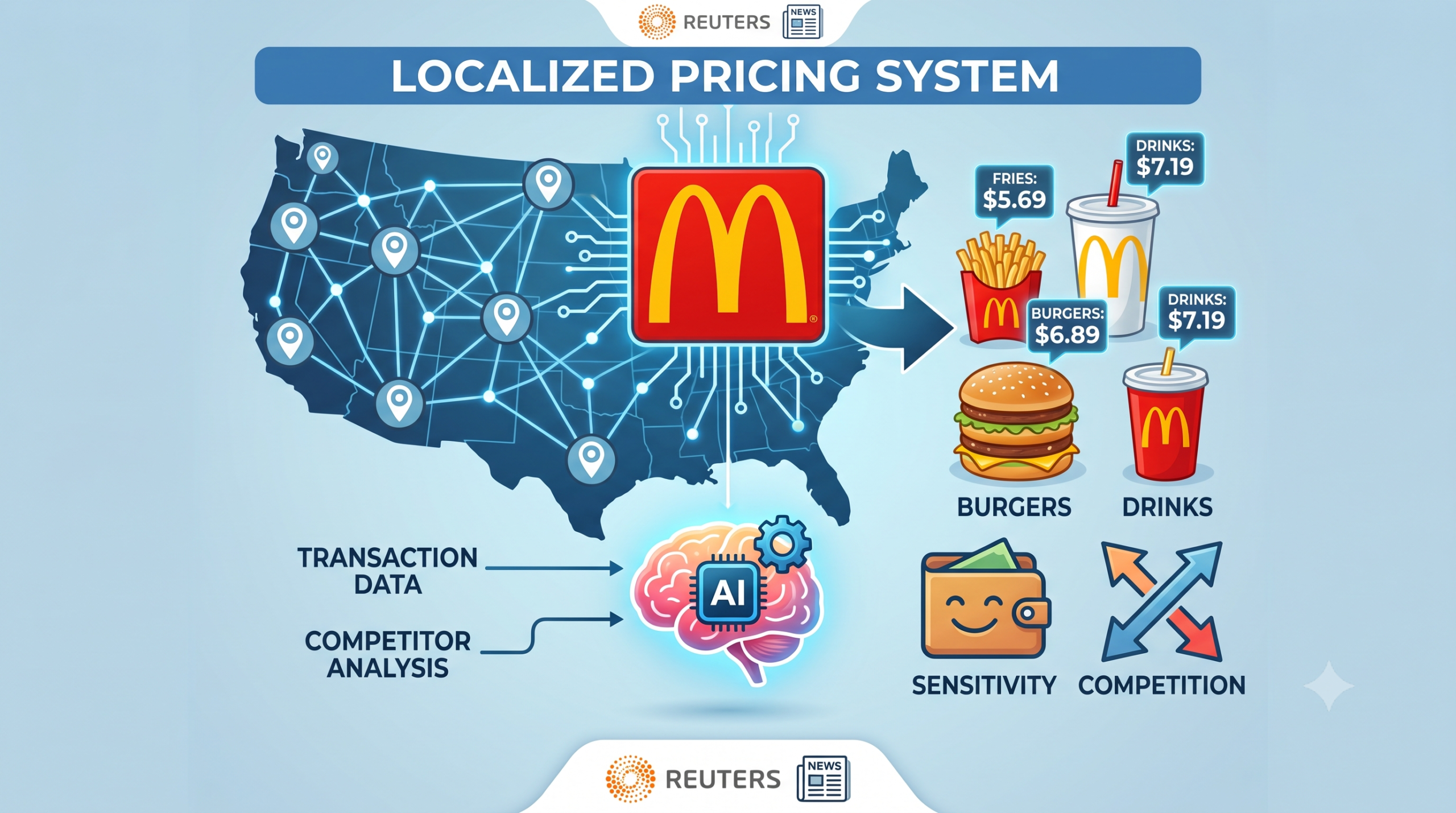 McDonald's restaurant menu board displaying prices with digital technology overlay